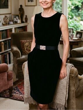 Alex Evenings Classic Black Velvet Sheath Dress with Sewn-In Rhinestone Belt